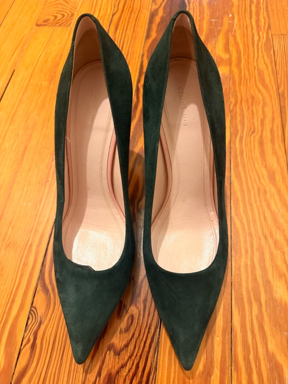 Celine Classic Pointed-Toe Suede Pumps in Dark Green - Sz. 38.5
